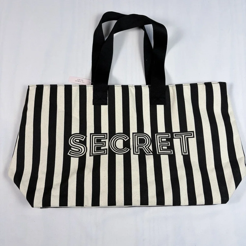 NWT VICTORIA'S SECRET BLACK IVORY STRIPE LOGO ZIPPER TOTE BAG Chic Paris ArtDeco